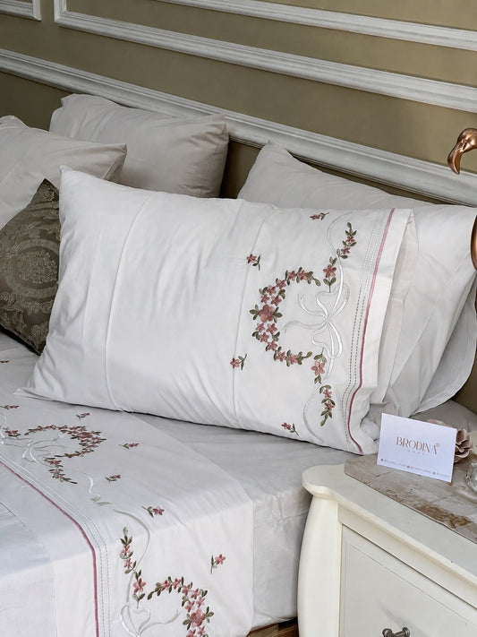 PARURE "ROSÉE" EN 6 PIÈCES - DRAP PLAT