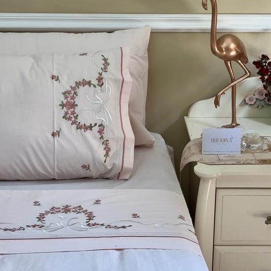 PARURE "ROSÉE" EN 6 PIÈCES - DRAP PLAT